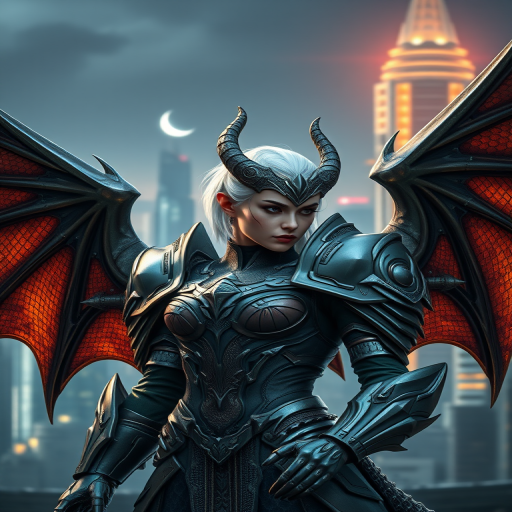 Generate a highly detailed image of a female character wearing intricate dragon-inspired armor with large wings, in a futuristic city skyline background, shot with a Nikon D850 at f/2.8, ISO 100, 50mm lens, using soft lighting for enhanced contrast and depth.