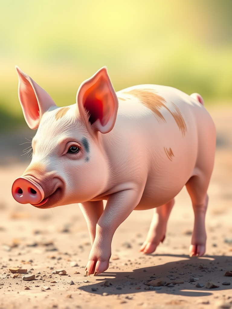 Create a high-resolution illustration of a walking pig, side view, using a DSLR camera settings of aperture f/4, shutter speed 1/200, ISO 100, with a shallow depth of field to enhance detail, in a natural light setting, applying a realistic style and high-quality rendering.