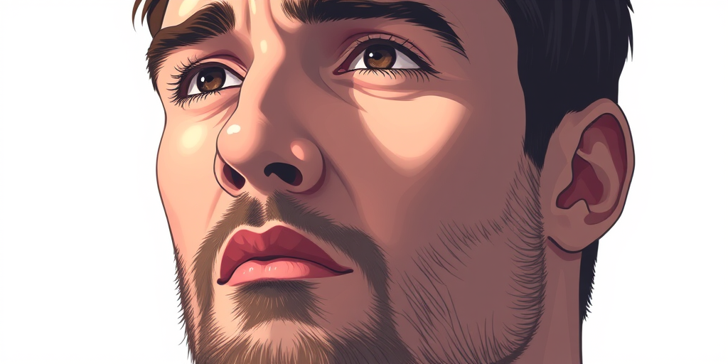 Create a high-resolution illustration of a man's headshot, focusing on the face with a slight upward angle, using a 50mm lens, f/2.8 aperture, and soft lighting to enhance facial features and skin tones, in a digital art style on a clean white background.