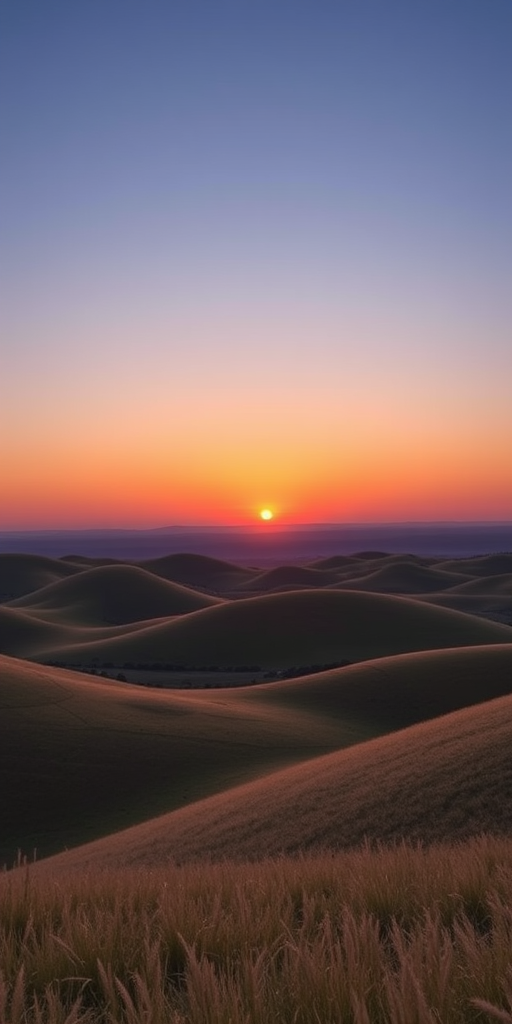 Generate a high-quality image of a minimalist landscape with rolling hills, a clear sky, and a vibrant sunset, using a Canon EOS R5 camera, at f/8 aperture, ISO 100, shutter speed 1/125s, wide-angle lens, and HDR photography style, ensuring vivid colors and sharp details.