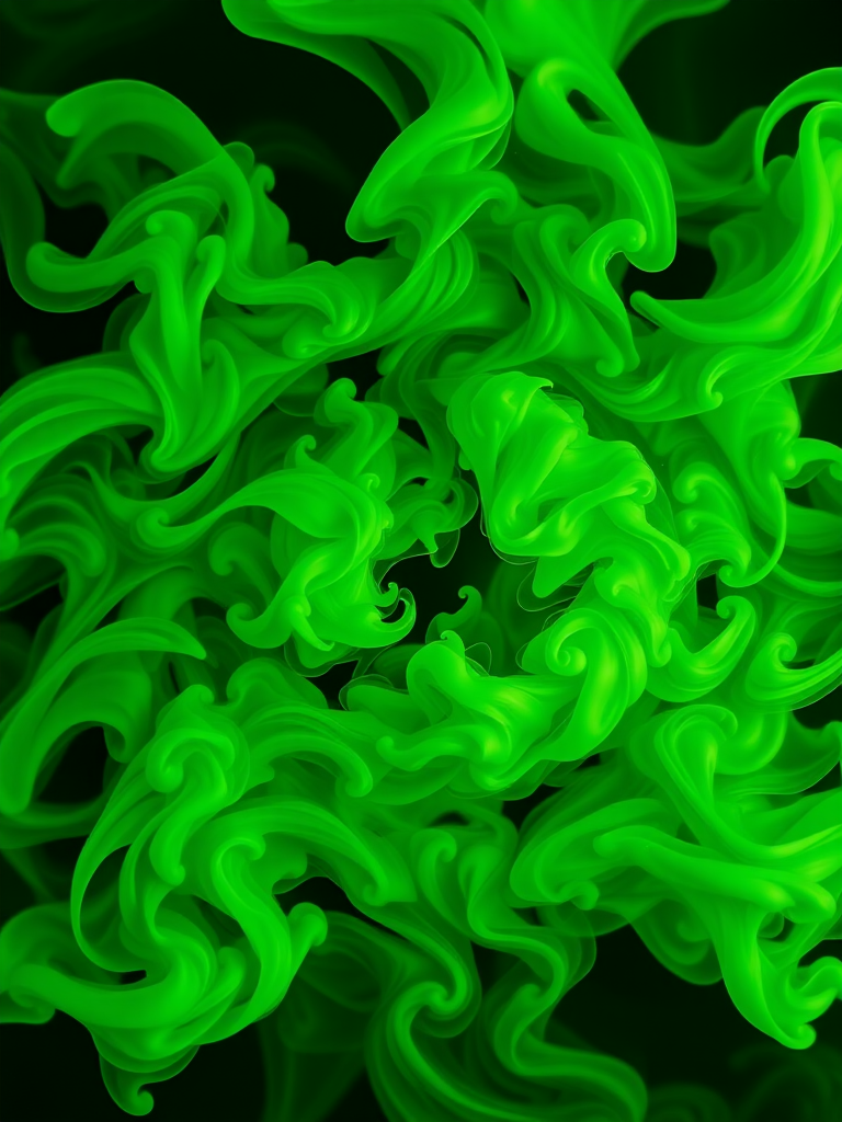 Regenerate an abstract image of swirling green smoke within a circular fractal pattern, using a Canon EOS R5, f/8 aperture, ISO 100, 50mm lens, HDR photography style, and top-down view to enhance image clarity and detail.