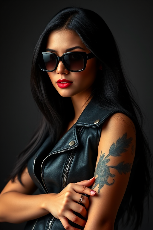 A confident woman with long black hair in a stylish leather vest and sunglasses, showcasing a tattoo on her arm, soft dramatic lighting, 50mm lens, f/2.8 aperture, 1/100 shutter speed, portrait orientation, DSLR type camera, high saturation and contrast for enhanced image quality.