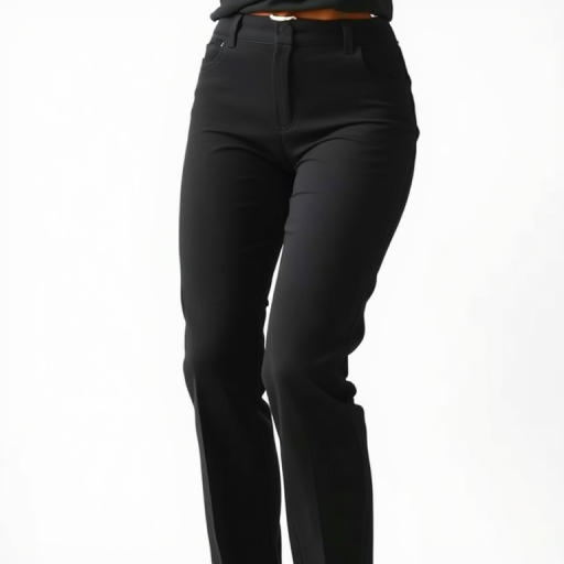 Create a high-resolution image of fitted black pants, front view, using a DSLR camera with a 50mm lens, aperture set to f/2.8, ISO 100, soft natural lighting, and a plain white background for contrast.