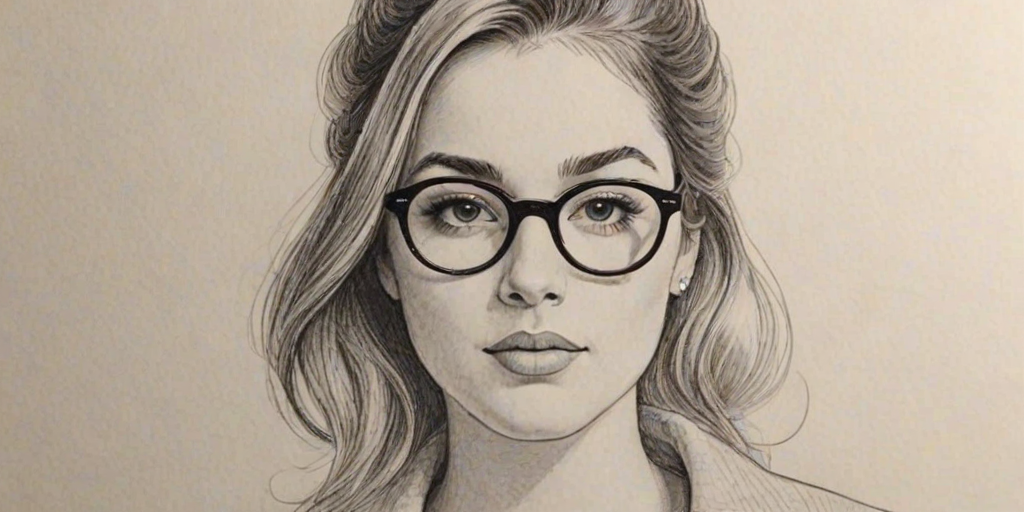 Captivating Addison Rae, pencil sketch, portrait of Resplendent woman 1960s in glasses, hair style beatnik, outline, clear lines, fine lines, 8k