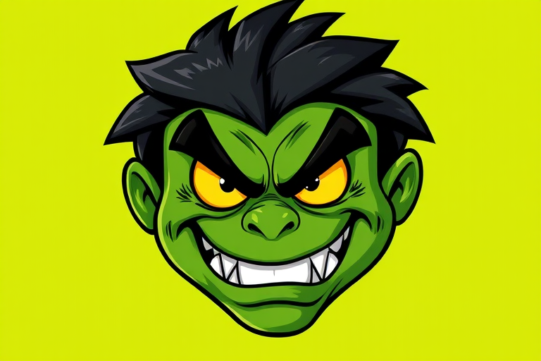 create a cartoon-style illustration of an angry green monster head with dark hair and yellow eyes on a bright green background, use a Canon EOS R5 camera with a 50mm f/1.2 lens, aperture set to f/2.8, ISO 100, and a depth of field effect to enhance image quality with vibrant colors and sharp details.
