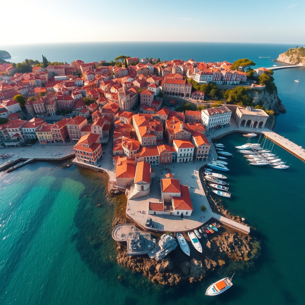 an aerial view of a coastal town with terracotta-roofed buildings, vibrant clear water, and boats in the harbor, captured with a drone camera at 4K resolution, using a wide-angle lens, aperture f/8, ISO 100, 1/200s shutter speed to enhance detail and clarity