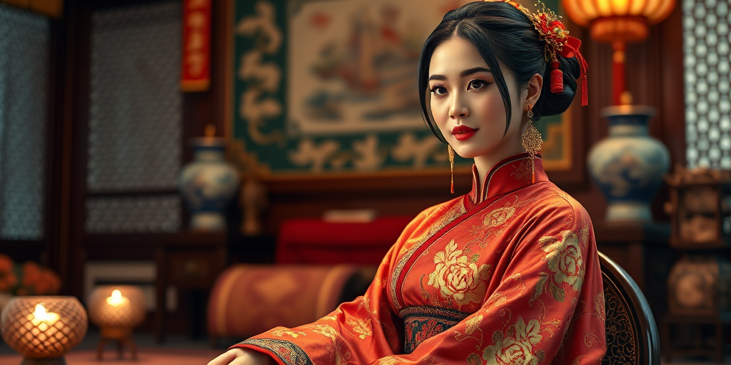 A beautiful woman in traditional East Asian attire, intricately detailed with embroidered patterns, sitting gracefully in a richly decorated room, soft ambient lighting, serene and elegant, ultra-realistic, 8K resolution