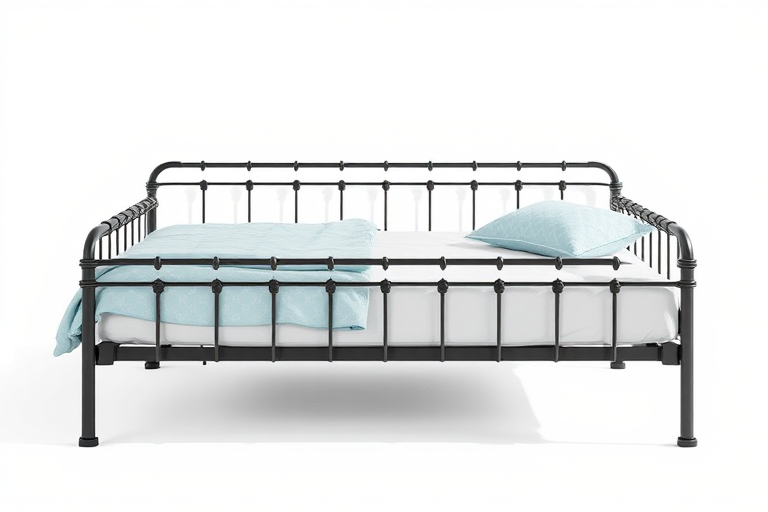 create a digital illustration of a simple bed with a metal frame, featuring a neatly made light blue and white bedspread, set against a plain white background, captured with a Nikon D850 camera, 50mm lens, f/8 aperture, 1/125 shutter speed, and natural light for optimal clarity and detail