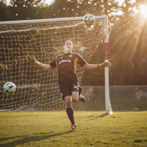 Blurry action shot of a soccer ball mid-flight, just about to hit the goal net, with the goalkeeper diving in vain, and soft sunlight creating lens flares in the background.